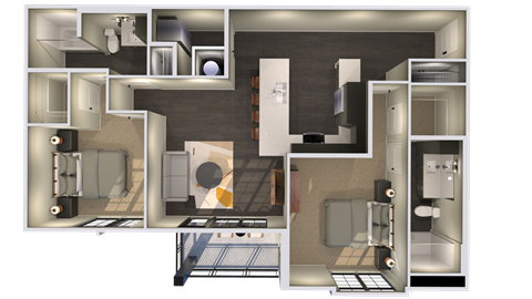 Floor plan for 2 beds, 2 baths, 1166 sqft